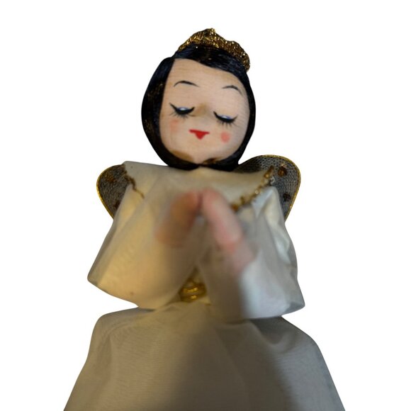 Vtg Angel Tree Topper With Gold Halo Wings Dark Hair Handmade In Japan - Picture 8 of 9